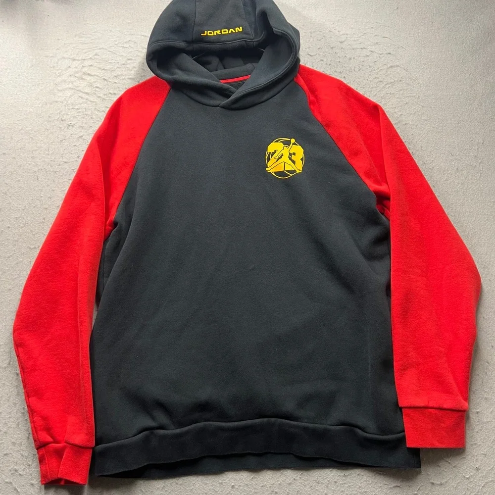 Jordan Mens Hoodie Large Black Red Raglan Jumpman 23 Graphic Fleece Sweatshirt